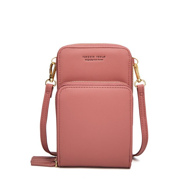 3-Layer Crossbody Bag Phone Bag Women Solid PU Leather Card Wallet Shoulder Bag Pocket Clutch Cellphone Bag: pink