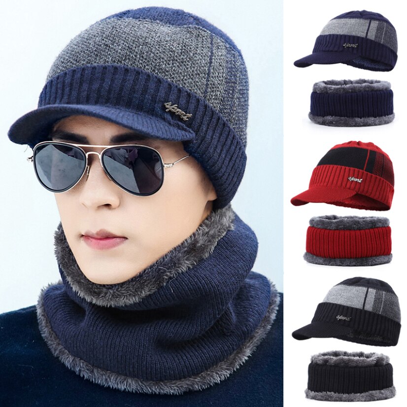 Gorros tejidos nuevos para hombre, gorros gruesos para exterior, gorros cálidos para otoño e invierno, gorros de terciopelo de punto para hombre, conjuntos informales de dos piezas