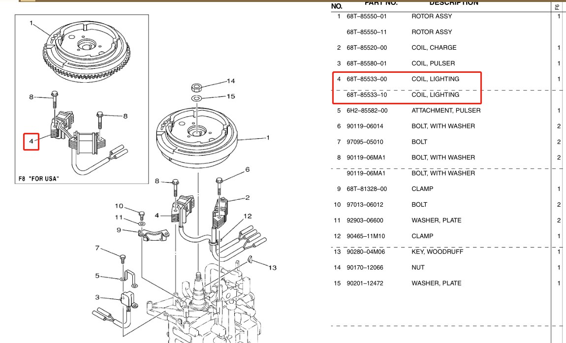 68T-85533 Lighting Coil For Yamaha Outboard Motor 4Stroke 6HP 8HP HDX HIDEA F8 68T-85533-00