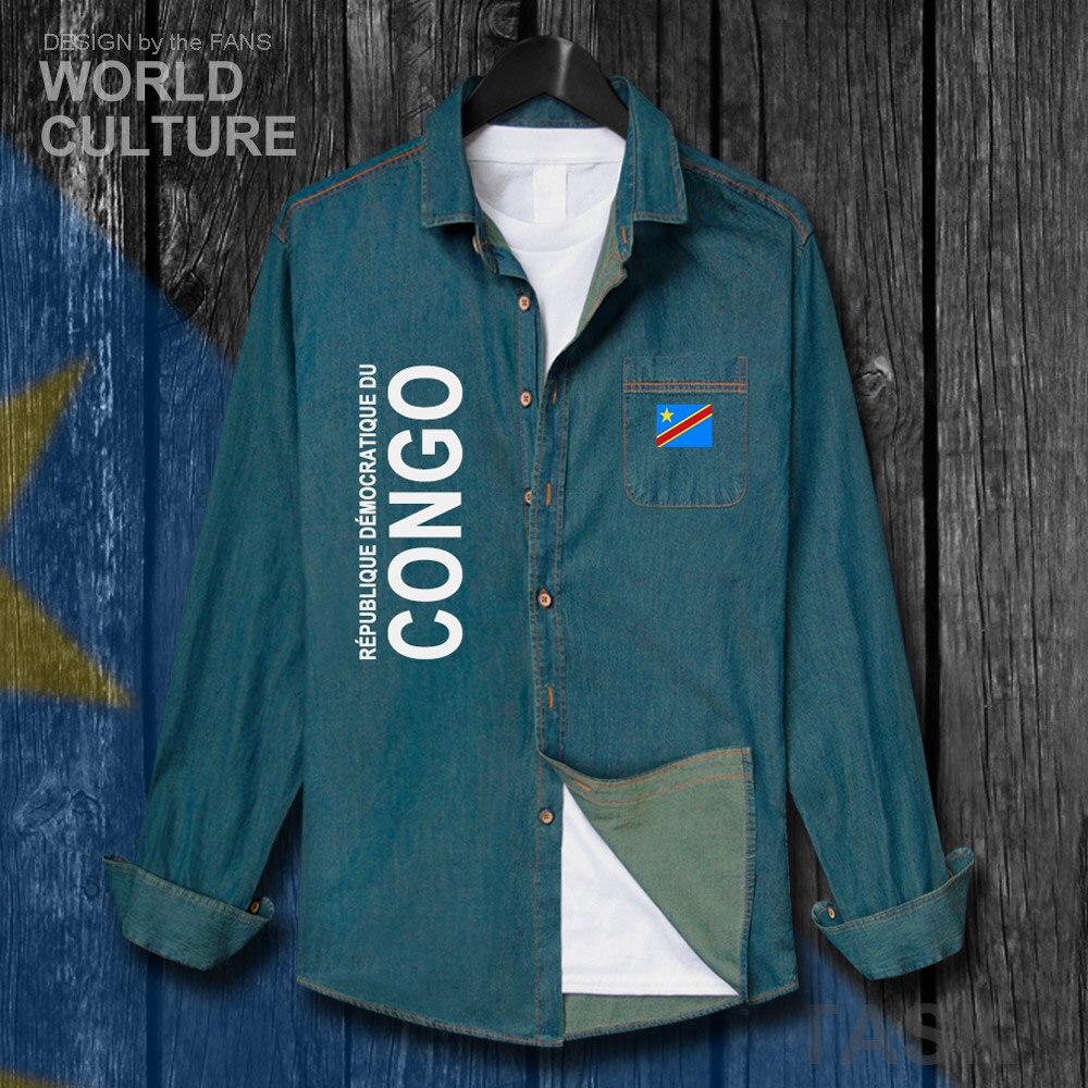 Vêtements congolais, drapeau, DR Congo COD DROC Congo-Kinsha, chemise, en coton, Top rabattu, à manches longues, manteau Cowboy, automne