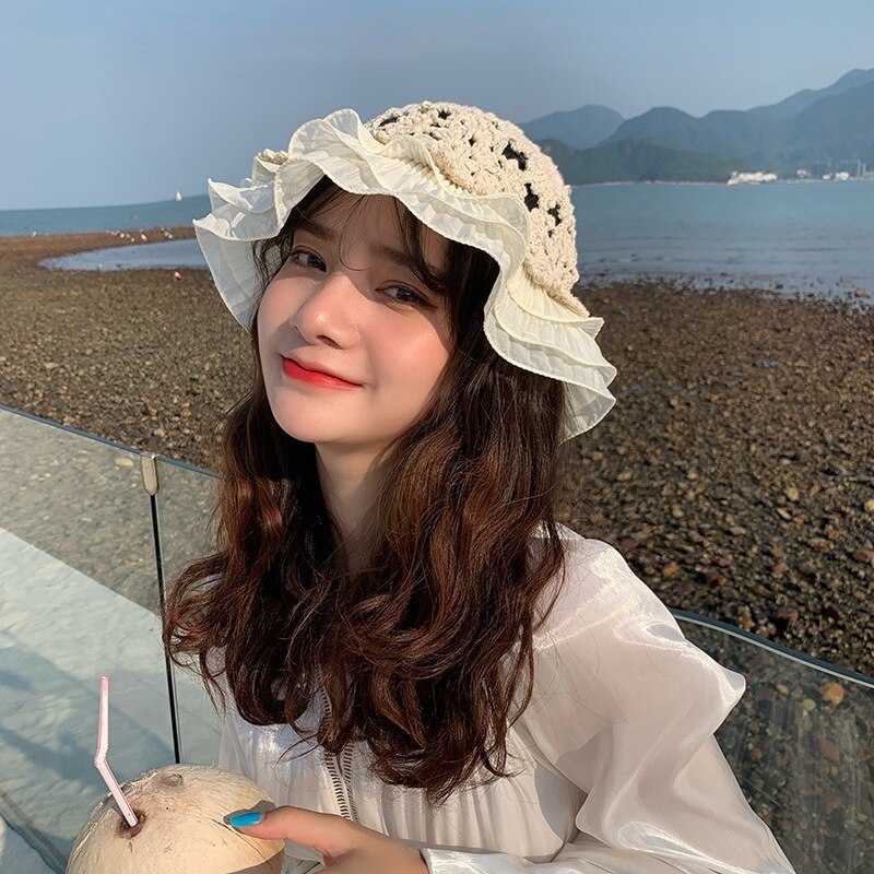 Women Lace Knitted Fisherman Hat Hollow Bucket Hat Crochet Hat Lace Flower Cute Sweet Romantic Sun Hat