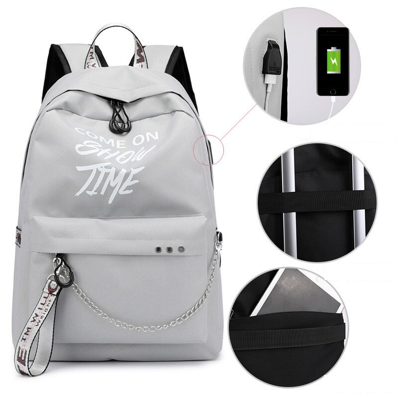 Lichtgevende Usb Vrouwen Rugzak Letters Print Schooltassen Tiener Meisjes Linten Canvas Computer Rugzak Mochila Sac A Dos: Gray