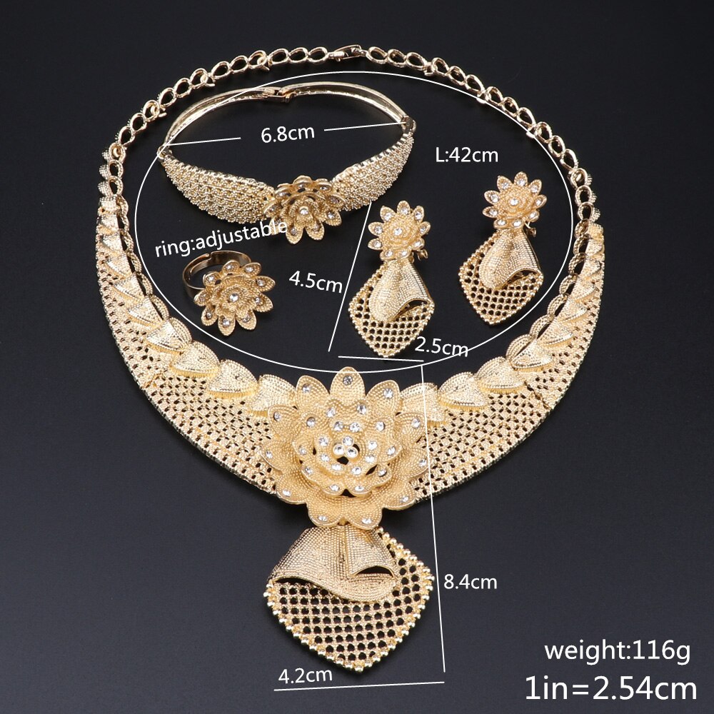 Dubai Gold color Jewelry Sets for Women Necklace Earrings Bracelet Ring Set Women African Beads Indian Bridal Jewelry Sets