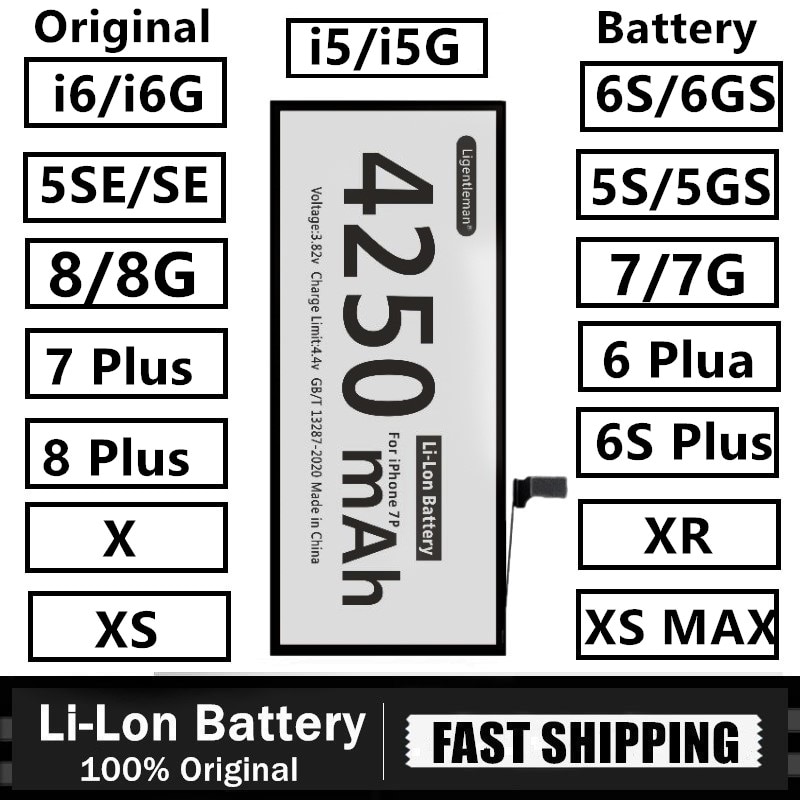 Batería de repuesto Original para iPhone 6, 6S, 5S, SE, 5C, 7, 8 Plus, X, Xs, Max, Xr, 6Plus, alta capacidad