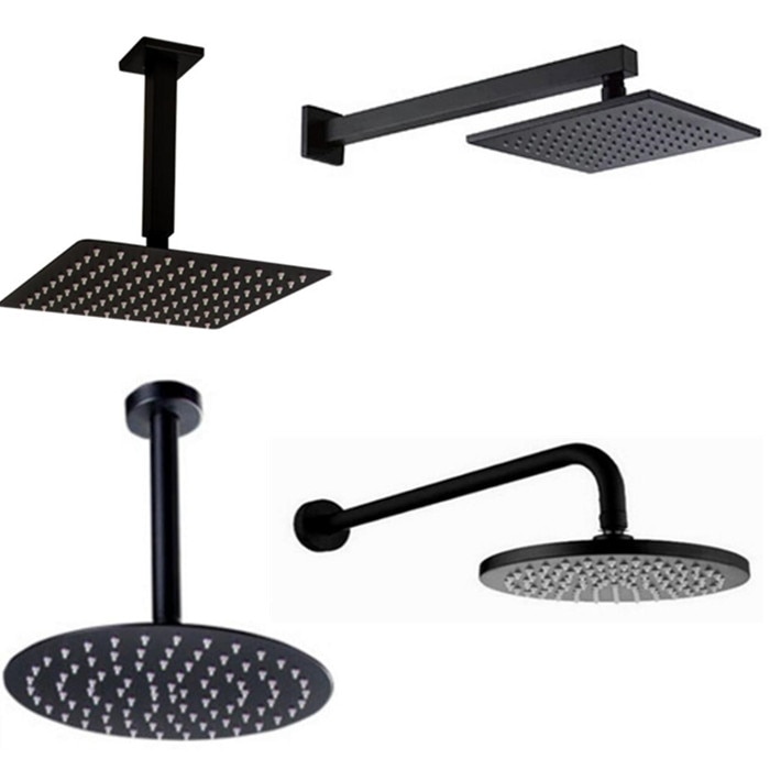 Cabezal de ducha de lluvia redondo y Cuadrado Negro, ultrafino, 2mm, 8 10 12 16 pulgadas, Brazo de ducha montado en pared y techo para Baño