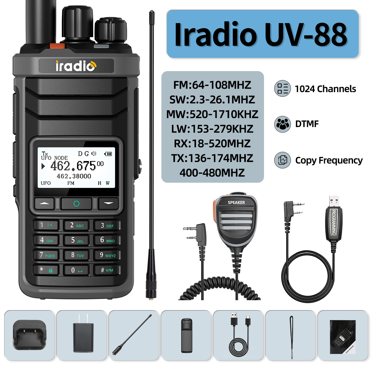 Iradio UV-88 Walkie Talkie Shortwave Radio Multi Band HF CB SSB AM Type-C DTMF LSB CW LW MW SW 1024 Channels: green / US