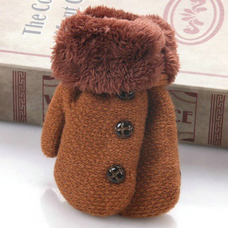 Knitted Full Finger Winter Gloves Kids Wool Warm Boys Children's Mittens Solid Color Rope Glove Girls Button Decoration: Light tan