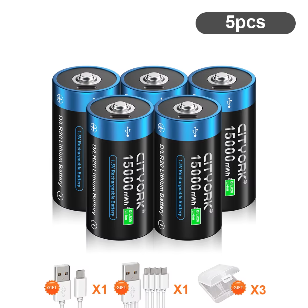 CITYORK-batería de litio recargable tamaño D, 1,5 V, carga USB, baterías de iones de litio R20 LR20 con USB para estufa de Gas, linterna de agua: Azul
