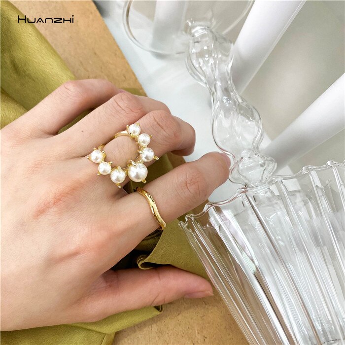 HUANZHI Vintage Old Metal Inlaid Pearl Geometric Irregular Modeling Adjustable Opening Ring for Women Party Jewelry