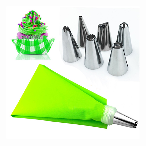 8 stks cake tool 6 roestvrij staal decoreren mond plus siliconen EVA bloem zak met converter bakken rvs: green