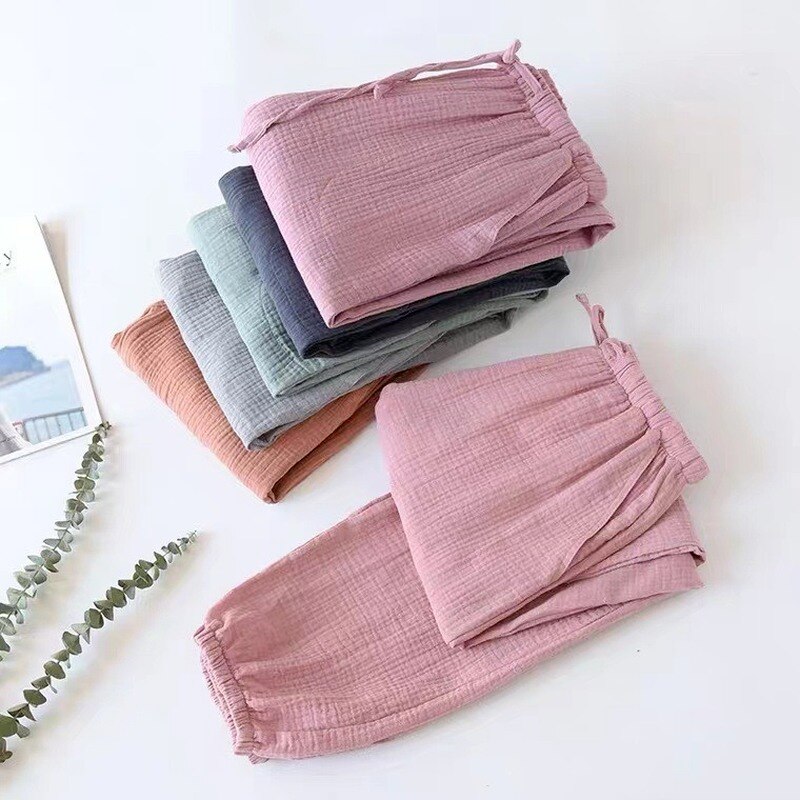 Womens Pure Cotton Yarn Pyjamas Solid Color Slim Home Pants Elastic Waist Pocket Sleep Bottoms Lounge Pants Pajamas for Women