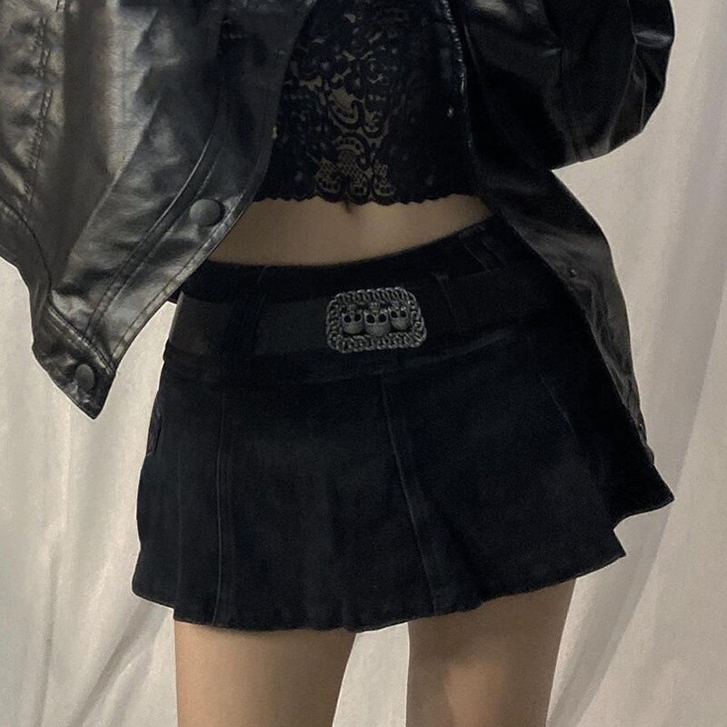 2000S ​Pastel Goth Low Waist Black Micro Skirts Y2K Streetwear Pockets Patchwork A-line Skirt E-girl Aesthetics Outfits Zipper