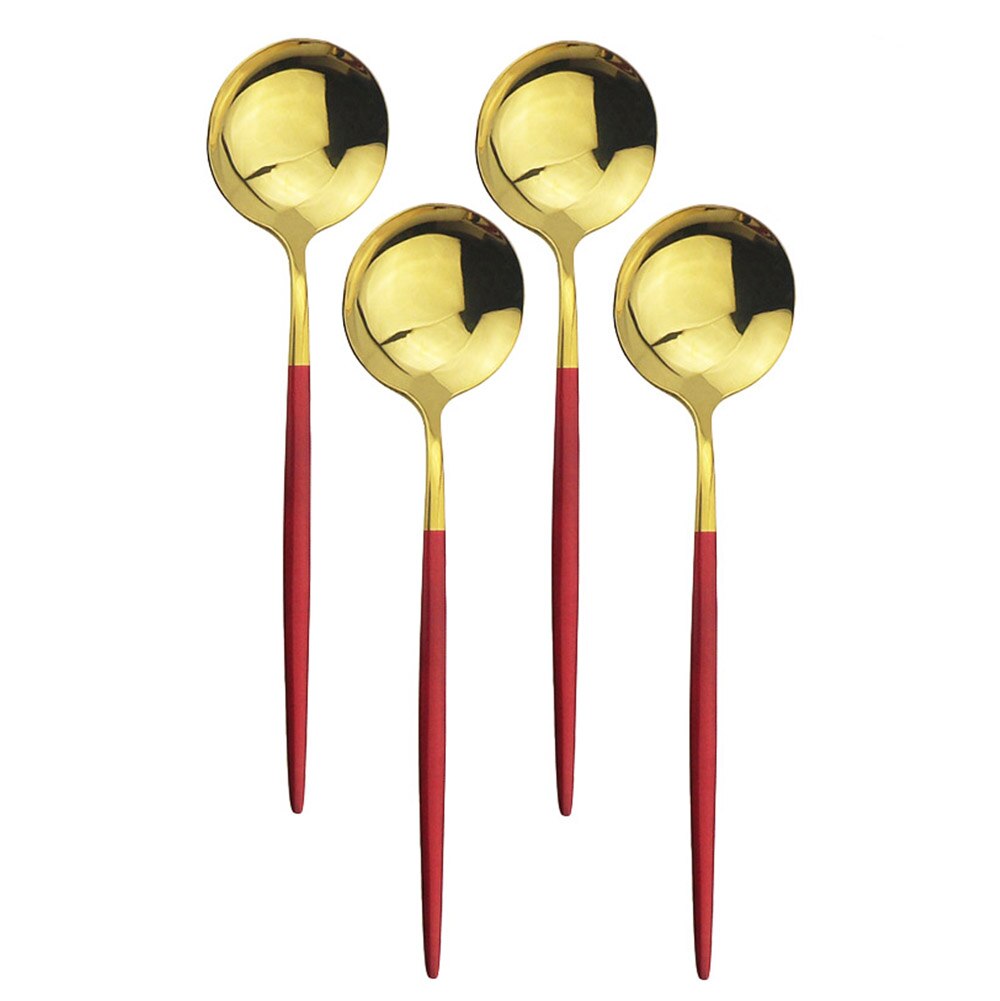 4Pcs Rosa Gold Geschirr Besteck Dessert Löffel Set Lange Griff Spiegel Löffel Besteck Küche Zubehör 304 Edelstahl: Red Gold