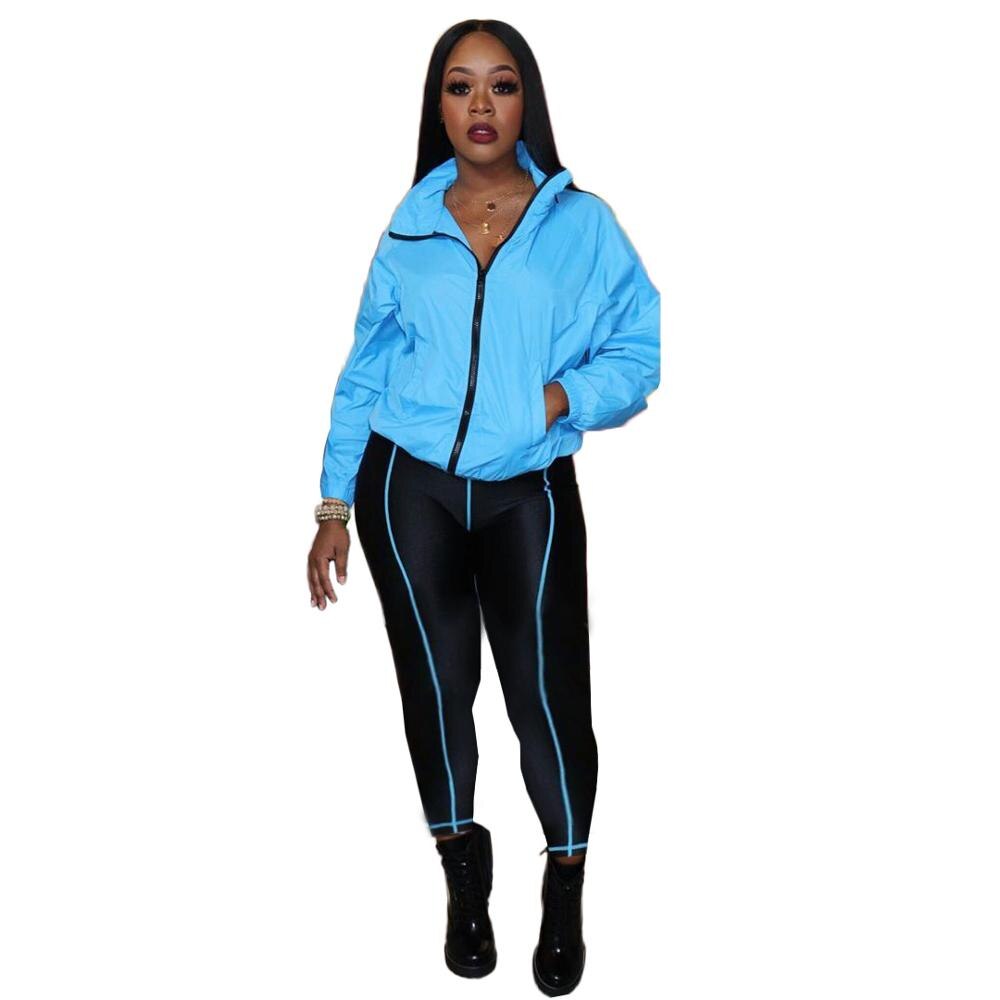 Adogirl Fluorescent Green Women Tracksuit Athleisure Two Piece Set Stand Collar Long Sleeve Jacket Coat Skinny Pants Sportswear: blue 2 piece set / S