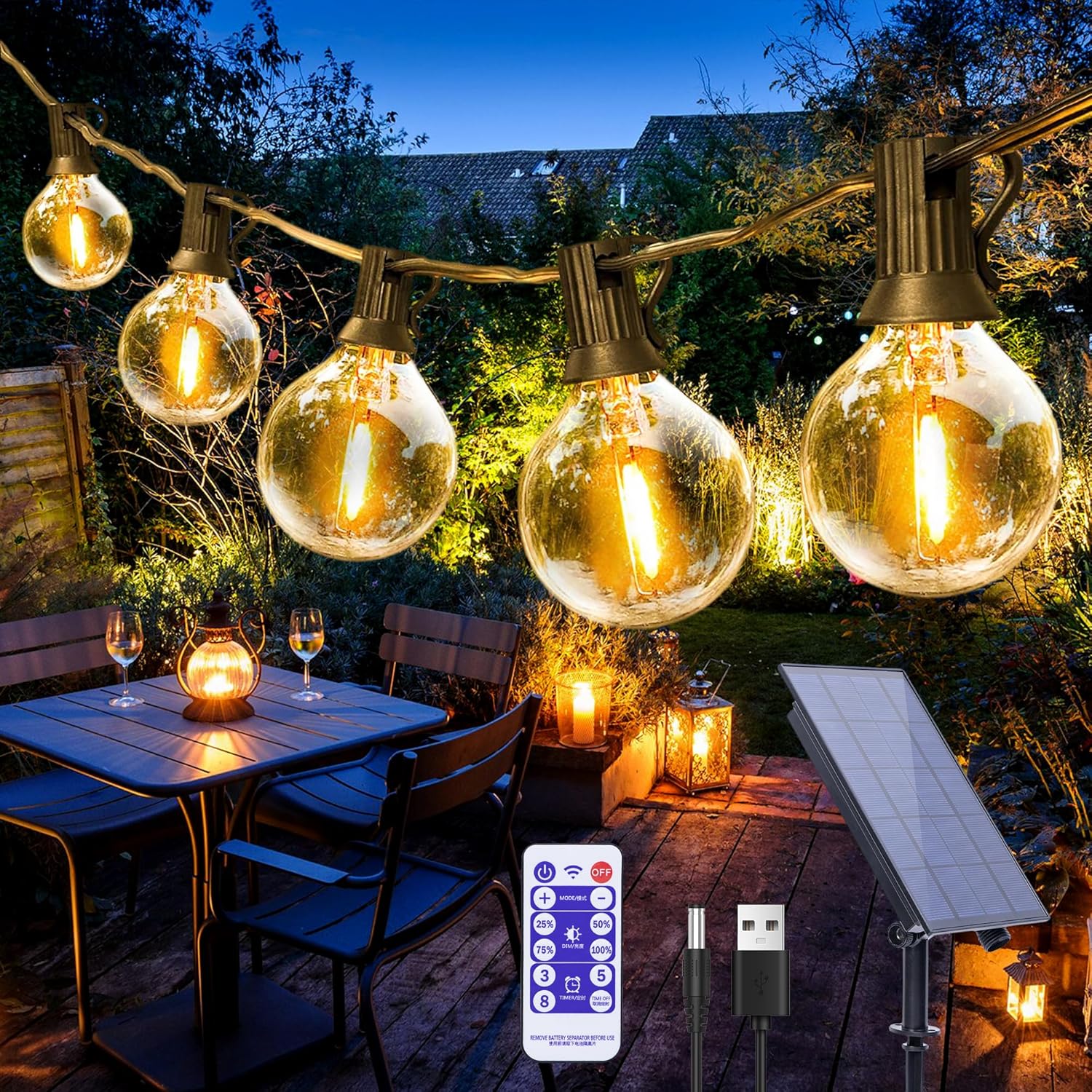 Guirnaldas de luces alimentadas por energía Solar para exteriores, luces de Patio G40 con bombillas LED inastillables, luces colgantes resistentes a la intemperie para bistró en el patio trasero