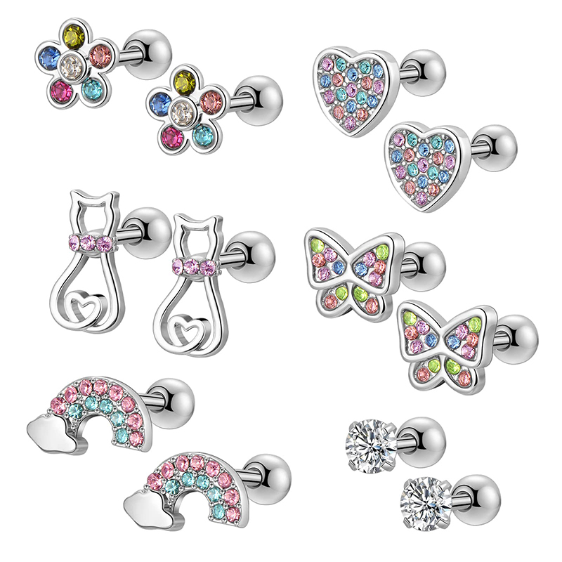 1/ 6 paar hypoallergene oorbellen met schroefsluiting voor dames en meisjes, set 20g , 316l schattige oorbellen met zirkonia steentjes van roestvrij staal met schroefsluiting.: Lichtgeelgouden kleur