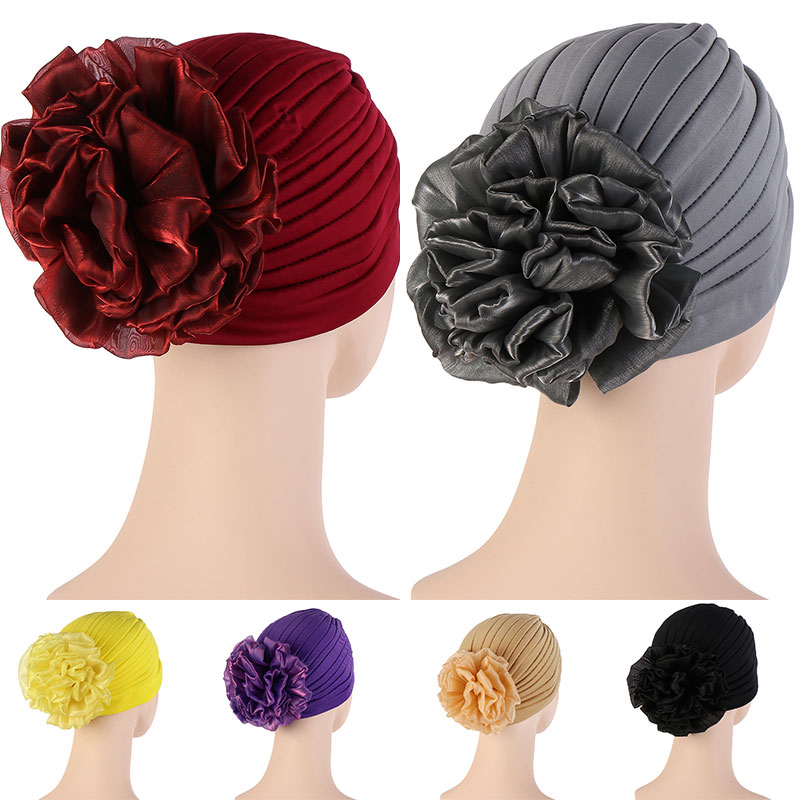 Solid Color Turban Hat Female Stylish Indian Exaggerated Big Flower Turban Hat Western Style Comfortable Pullover Hat