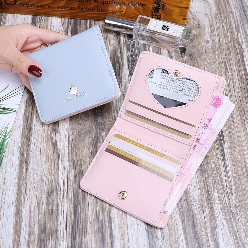 Cartera de PU para mujer, pequeña, pequeña, bonita, bonita, fresca, para estudiante, doble pliegue, pequeña, fina, cartera, bolsillo, cambio monedero, tarjetero