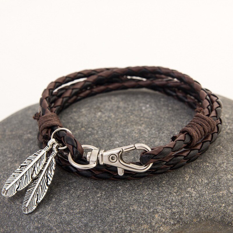 Leather Wrap Braided Wristband Retro Leaves Cuff Punk Men Women Couple Friendship Bracelet Bangle: 6