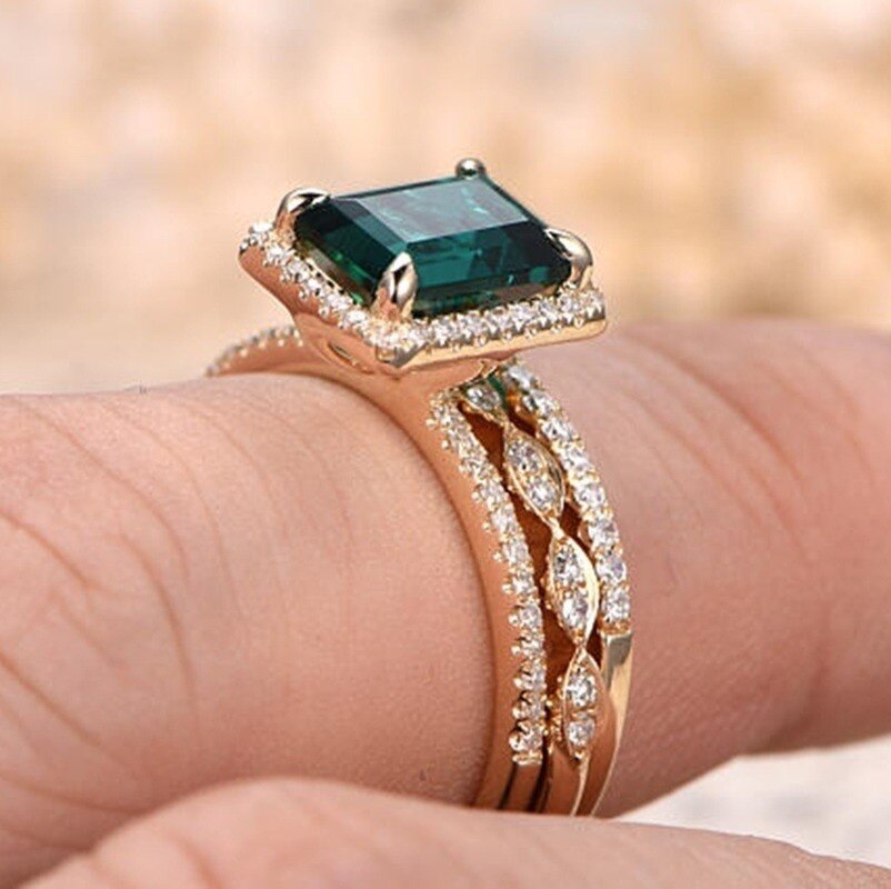 exquisit Gold Füllen Grün Kristall Zirkon schneiden Engagement Ring einstellen Edlen Schmuck