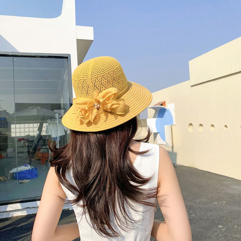 Sombrero de paja con ventilación para mujer, sombrero de paja con visera para senderismo, Accesorios de playa: YELLOW