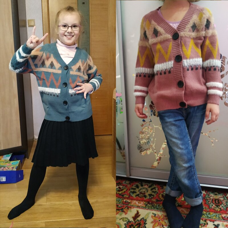 ins girls sweater 4-13 years old cardigan cotton clothes Diamond wavy line pattern spring and autumn thin sweater