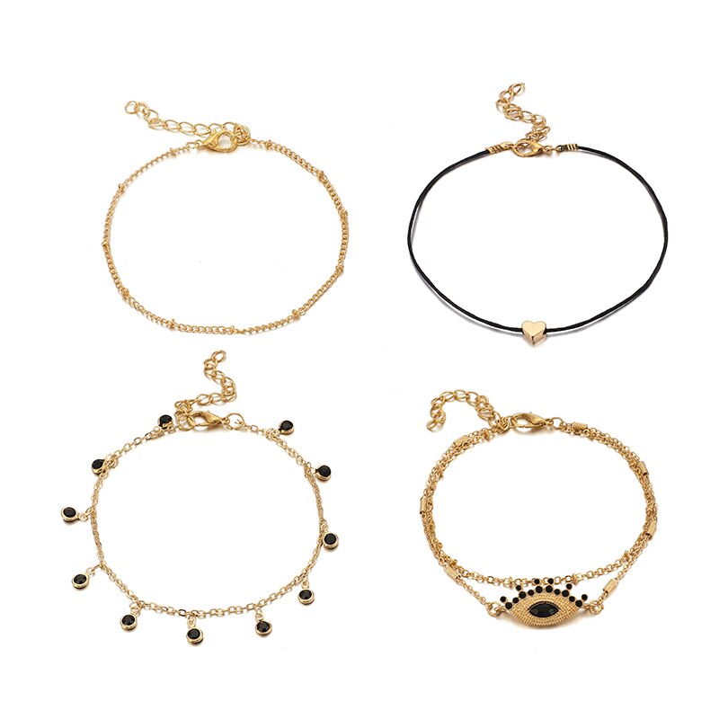 Docona Böhmen Schwarz Auge Herz Fußkettchen für Frauen Strass Charms Fußkettchen Gold Ketten Tobilleras Schmuck 4 stücke/set 8330