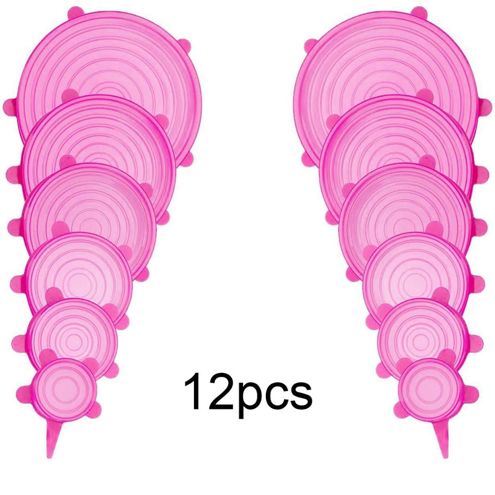 6/12 Uds S6 Uds tapas elásticas de silicona cubiertas herméticas reutilizables para envolver alimentos mantener fresco Bol sellado cubierta de envoltura elástica cocina cocinar: 12pcs-pink