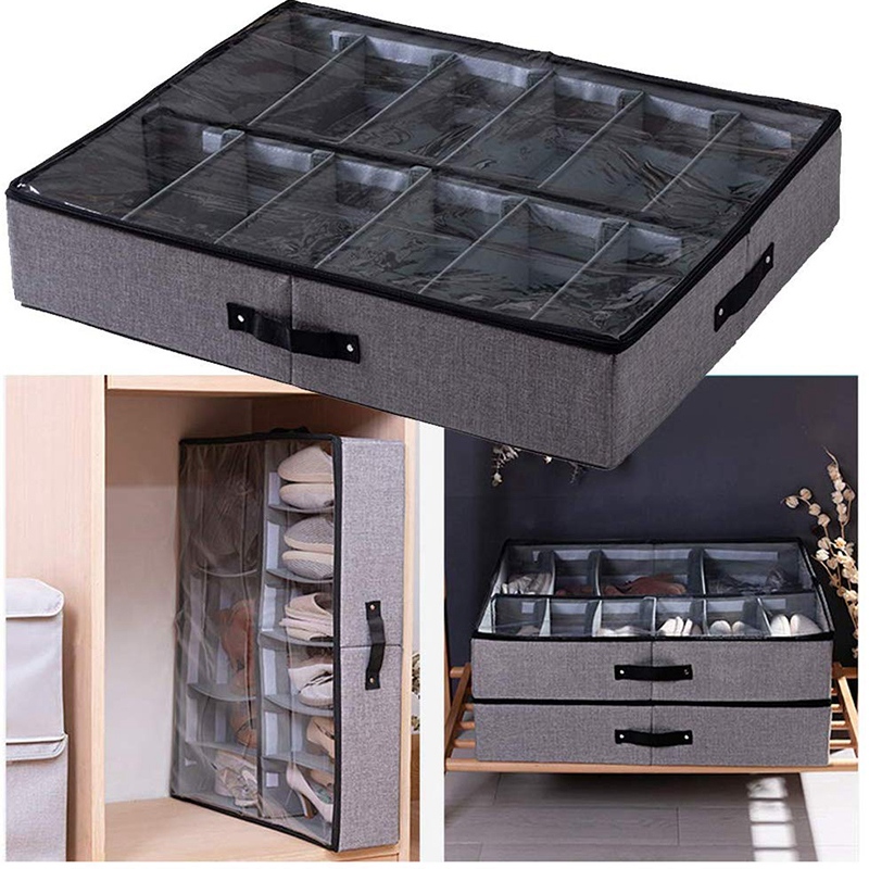 Bolsa de almacenamiento de zapatos bajo la cama con tapa transparente, 12 separadores bajo zapatillas de cama organizador ordenado, organizador de armario de soporte de tela plegable St