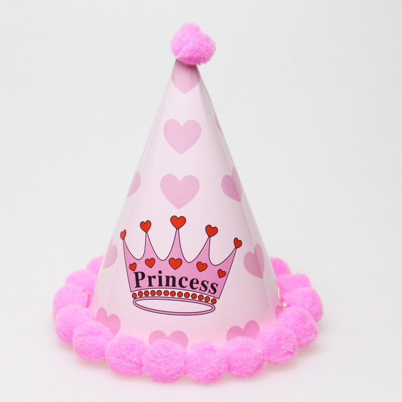 Plush ball cap baby birthday party decor cute crown headdress paper hat DIY conical hat children birthday party dress up supplie: b