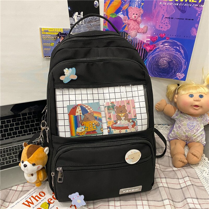 Moda ITA plecak wodoodporny Nylon dla kobiet Laptop panie śliczny żeński plecak Kawaii Student mężczyźni przezroczysty tornister: Black / With-Accessories