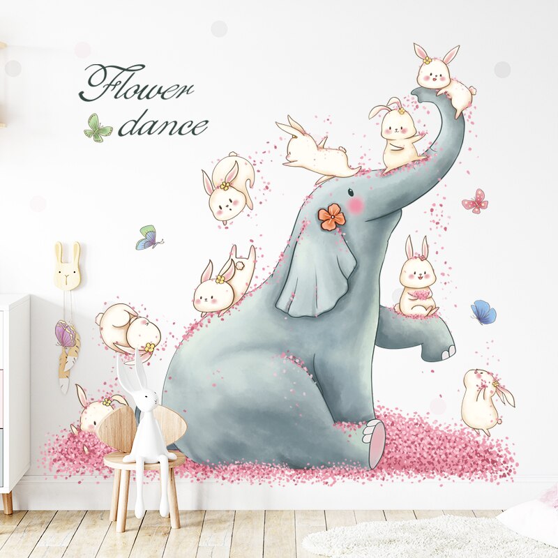 Cartoon Blauwe Olifant Met Leuke Konijntjes Muursticker Bloem Dans Behang Home Decor Voor Kid 'S Woonkamer Slaapkamer Muur muurschildering