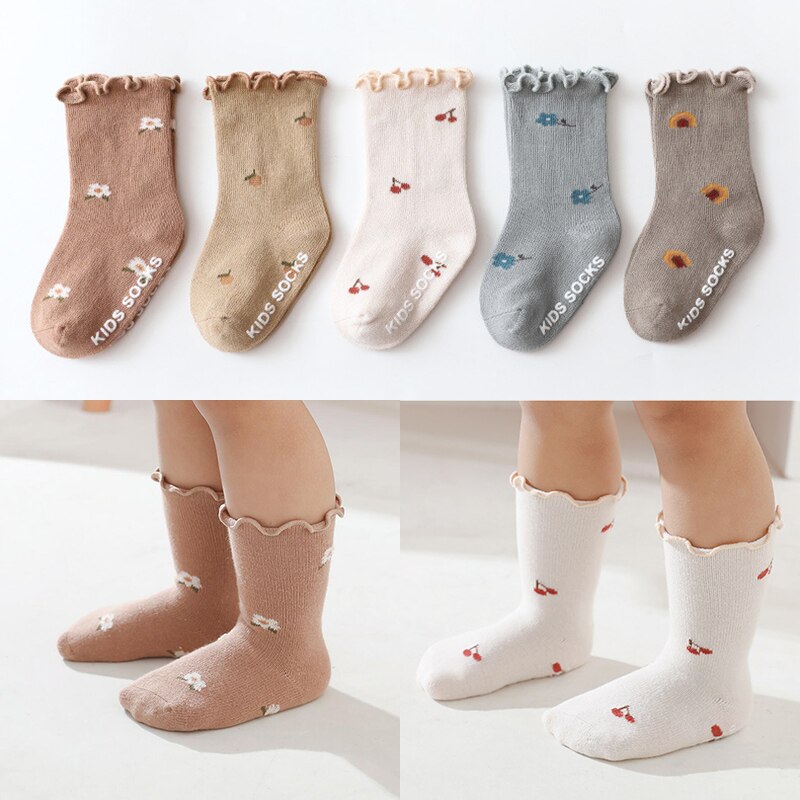 0-5Years Toddlers Girls Frilly Socks Cotton Newborn Baby Ankle Socks Anti-Slip Flower Pattern Infant Baby Floor Sock Accessories