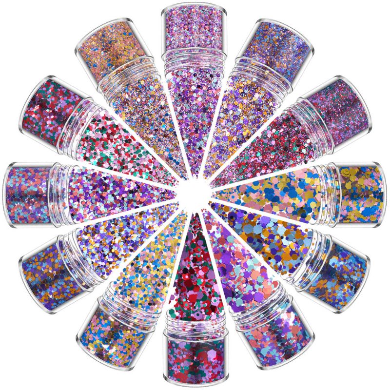 12 couleurs mélangées maquillage holographique grosses paillettes visage corps yeux cheveux ongles résine époxy Festival gros hexagones paillettes: B