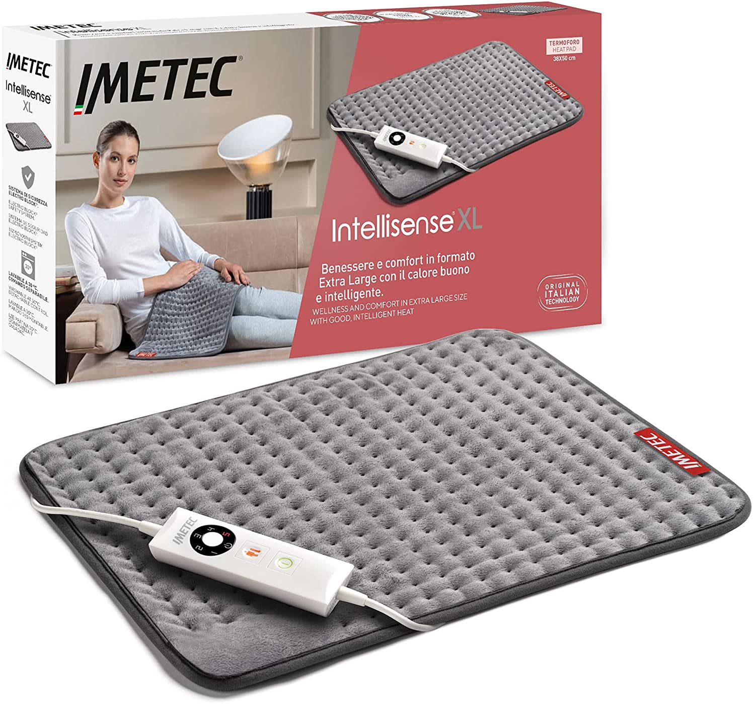 Imetec Intellisense XL -Almohadilla Rectangular Eléctrica Térmica para Espalda, Hombros, Barriga y Piernas, Medida Extra Large, Tamaño: 38 x 50 cm, Suave y Cálido, Microfelpa, Lavable, Hipoalergénico y Transpirable