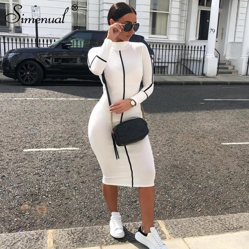 Simenual lässig Bodycon Frauen Lange Kleid Volle Hülse gestreift Patchwork Kleider Rollkragen Damen Dünne Kleider