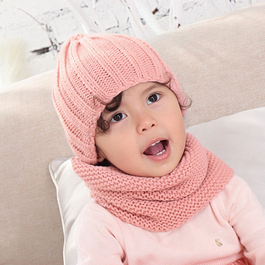 Pure color hat and scarf for children solid acrylic kid hat with a scarf knit girls boy hats scarves set winter accessories: 8