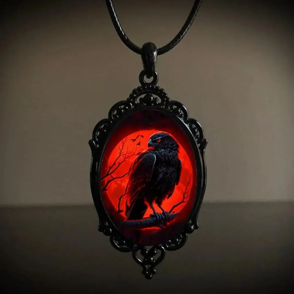 Gothic Vampire Owl Cameo Necklace Women Men Pagan Witch Jewelry Accessories Blood Owl Glass Charm Rope Chain Choker: Light Yellow Gold Color