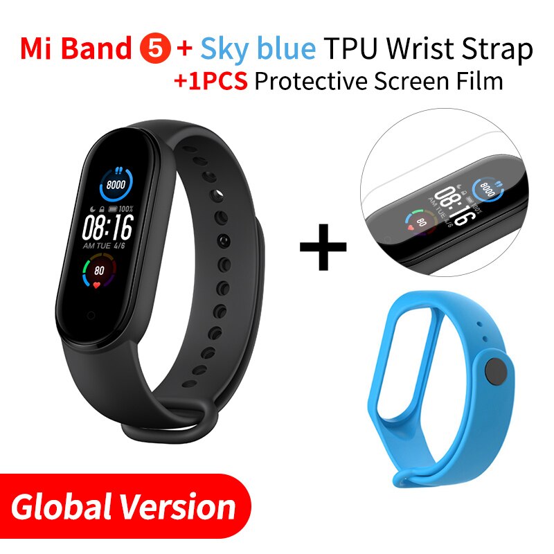 Global Version Xiaomi Mi Band 5 Smart Bracelet AMOLED Dynamic Color Display Bluetooth Sport Fitness Tracker Fitness Smartband: EN Add Skyblue Strap