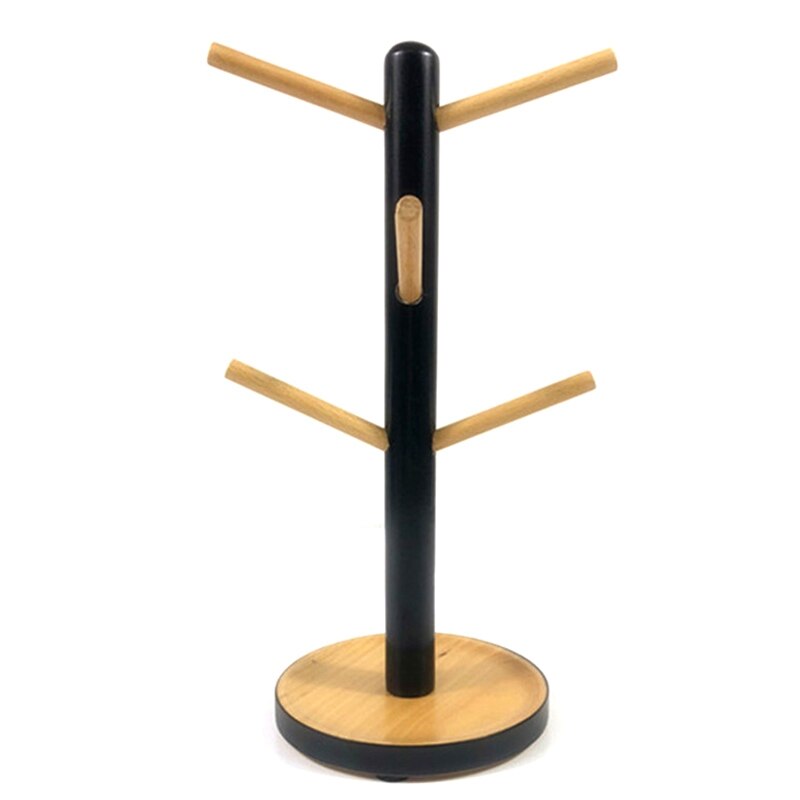 Træ krus hængende display rack drinkware hylde med 6 kroge træ form træ kaffe te kop opbevaring holder stativ: Sort