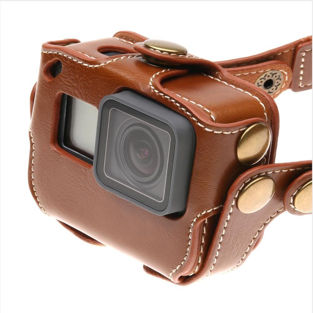 För gopro ramskydd skydd fodral läder + lång vävrem öppning baksida för go pro hero 5 6 7 svarta tillbehör: Brun färg