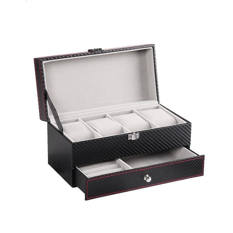 4 Grids Double Layer Watch Box Carbon Fiber PU Watch Case Boxes Holder Organizer Jewelry Box for Wedding Decoration Best: Black Beige