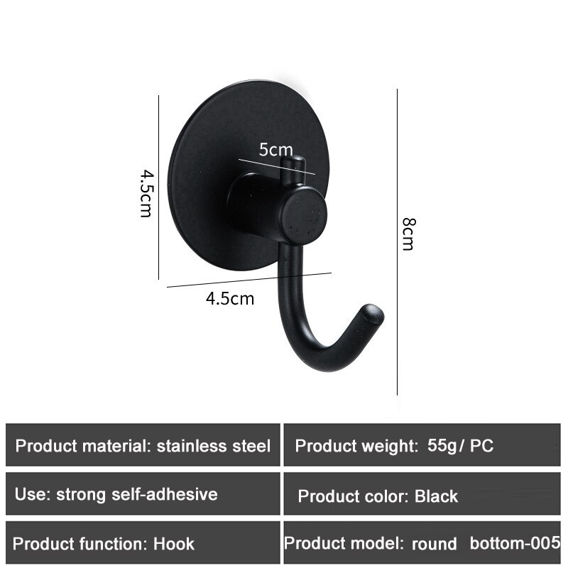 1PC SUS304 Robe Hooks Strong Self Adhesive Bathroom Stainless Steel Hook Wall Hangers Coat Towel Rustproof Hooks Kitchen Hardwar: Round Black 005