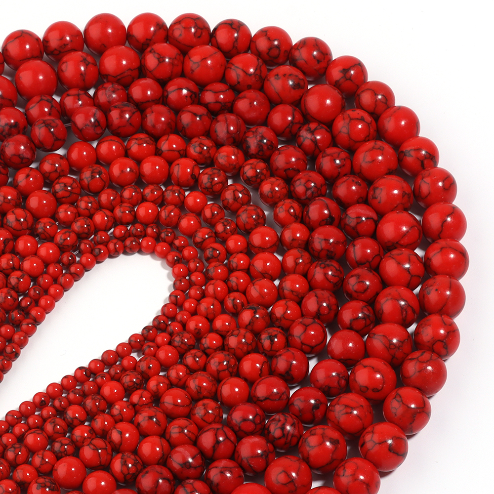 Perles Rondes en Pierre Turquoise Naturelle Rouge, Couleur Noire, 4, 6, 8, 10, 12mm, pour Bricolage, Bracelet, Collier, Bijoux