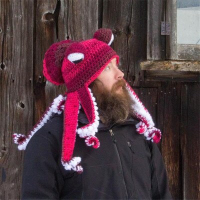 Bläckfisk skägg hand väva sticka ull hattar män jul cosplay fest rolig knepig huvudbonad vinter varm par hatt: Röd vit