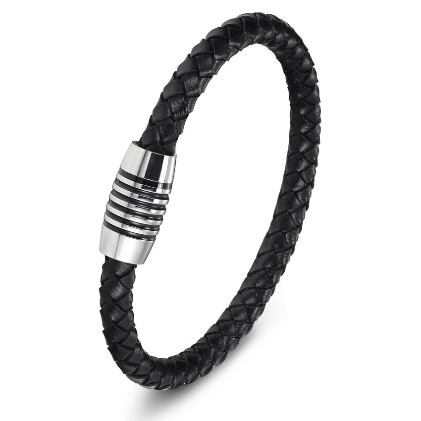 XQNI-pulsera de cuero genuino para hombre y mujer, brazalete de cuero con imán, pulsera de cuerda de acero inoxidable: style 8 / los 21cm