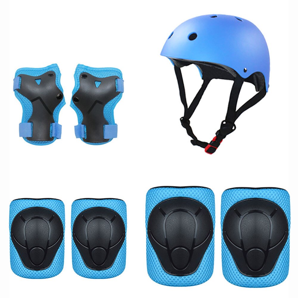 7 st barn skateboard rullskridskoåkning skyddsutrustning armbågsskydd handledsskydd skridskoskydd set cykling knäskydd för barn: Blå