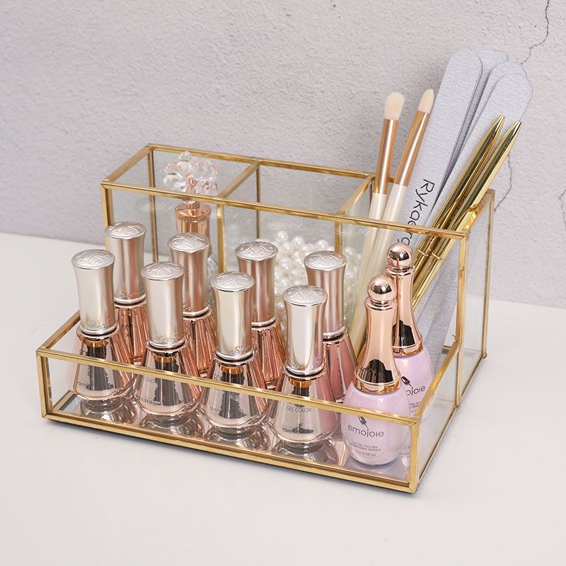 Glas makeup arrangør badeværelse kosmetisk arrangør med gylden overdækket kant blyant kasse parfume makeup værktøjer læbestift arrangør