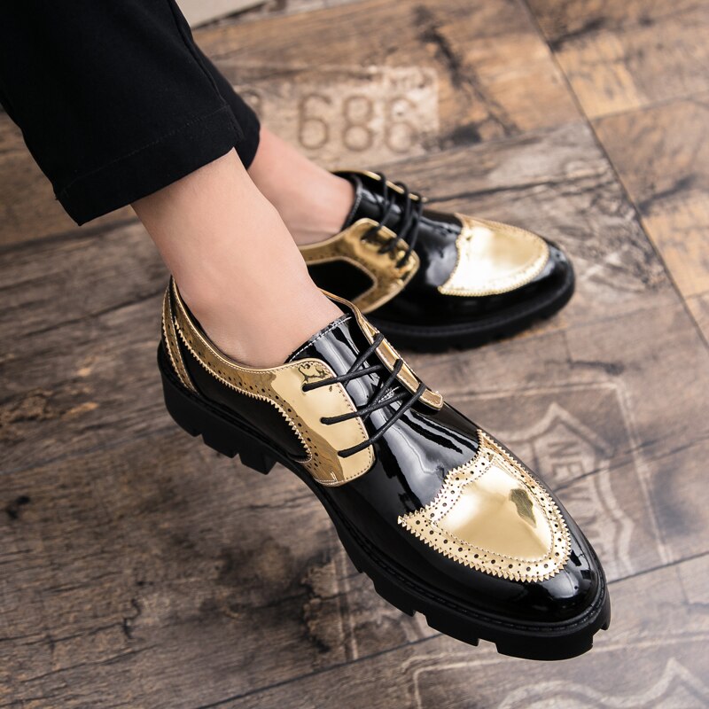 Mænd kjole loafers snøre business bryllup mænd sko åndbar stil banket pailletter guld sorte mandlige sko chaussure homme  a4: Guld / 9