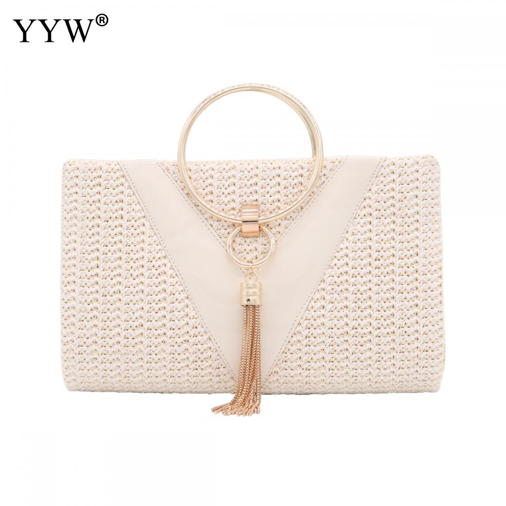 Stro Zinklegering Kwasten Handtas Voor Vrouwen Bruiloft Clutch Bags Met Ketting Cirkelvormige Ring Bolsa Feminina Purse Avond: beige